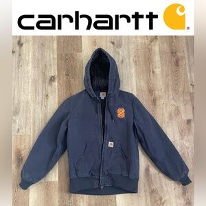 VTG Carhartt Embroidered Duck Lined Thermal Hooded Navy Blue Canvas Coat S